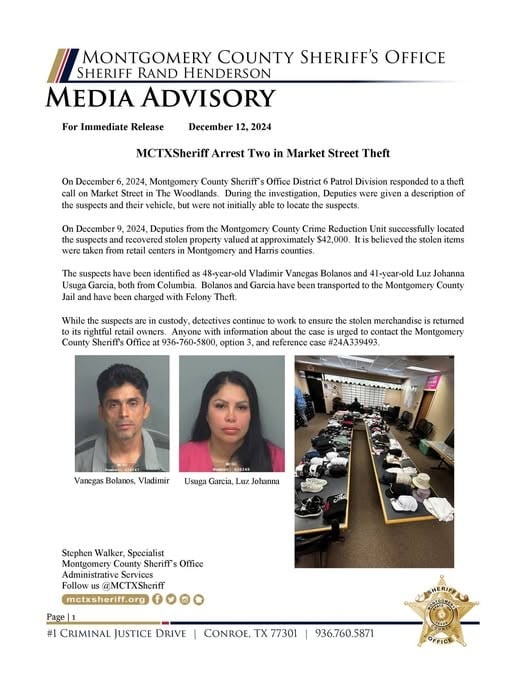 Montgomery County Sheriff's Office Arrests Two in Market Theft